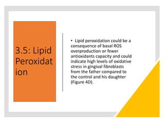 3.5: Lipid
Peroxidat
ion
• Lipid peroxidation could be a
consequence of basal ROS
overproduction or fewer
antioxidants capacity and could
indicate high levels of oxidative
stress in gingival fibroblasts
from the father compared to
the control and his daughter
(Figure 4D).
 