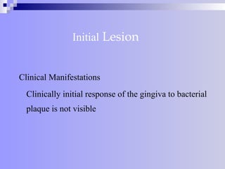 Initial Lesion
Clinical Manifestations
Clinically initial response of the gingiva to bacterial
plaque is not visible
 