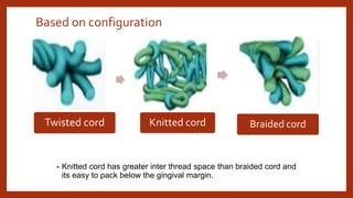 Based on configuration
• Knitted cord has greater inter thread space than braided cord and
its easy to pack below the gingival margin.
Twisted cord Knitted cord Braided cord
 