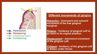 Different movements of gingiva
Retraction : downward and outword
movement of the free gingival
marginal.
Relapse : Tendency of gingival cuff to
go back to its orginal position.
Displacement : downword movement
of the gingival cuff.
Collapse : tendency of the gingival cuff
to flatten under forces
 