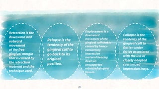 Relapse is the
tendency of the
gingival cuff to
go back to its
original
position.
Retraction is the
downward and
outward
movement
of the free
gingival margin
that is caused by
the retraction
material and the
technique used.
Displacement is a
downward
movement of the
gingival cuff that is
caused by heavy-
consistency
Impression
material bearing
down on
unsupported
retracted gingival
tissues.
13
Collapse is the
tendency of the
gingival cuff to
flatten under
forces associated
with the use of
closely adapted
customized
impression trays.
 