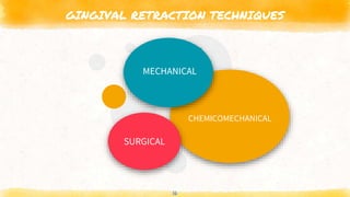 GINGIVAL RETRACTION TECHNIQUES
16
CHEMICOMECHANICAL
MECHANICAL
SURGICAL
 