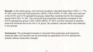 24
Results: In the saline group, cord removal resulted in elevated blood flow (140% +/- 11%,
P<.001) and crevicular fluid production (300% (130%-470%), P<.05). After cord removal
in the 0.01% and 0.1% epinephrine groups, blood flow remained low for the measured
period (43%-70%, P<.05). The crevicular fluid production transiently increased in the
0.01% epinephrine group (170% (140%-380%), P<.001), but then returned to baseline
level and remained low as for the 0.1% group. No systemic vascular effect was detected
in any groups.
Conclusion: The prolonged increase in crevicular fluid production and hyperemic
response after cord removal can be prevented by application of 0.01% epinephrine
solution without systematic changes.
 