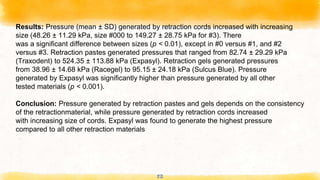 52
Results: Pressure (mean ± SD) generated by retraction cords increased with increasing
size (48.26 ± 11.29 kPa, size #000 to 149.27 ± 28.75 kPa for #3). There
was a significant difference between sizes (p < 0.01), except in #0 versus #1, and #2
versus #3. Retraction pastes generated pressures that ranged from 82.74 ± 29.29 kPa
(Traxodent) to 524.35 ± 113.88 kPa (Expasyl). Retraction gels generated pressures
from 38.96 ± 14.68 kPa (Racegel) to 95.15 ± 24.18 kPa (Sulcus Blue). Pressure
generated by Expasyl was significantly higher than pressure generated by all other
tested materials (p < 0.001).
Conclusion: Pressure generated by retraction pastes and gels depends on the consistency
of the retractionmaterial, while pressure generated by retraction cords increased
with increasing size of cords. Expasyl was found to generate the highest pressure
compared to all other retraction materials
 