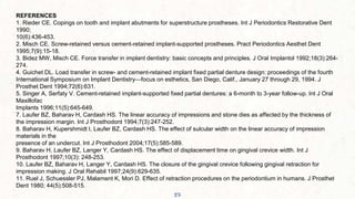 57
REFERENCES
1. Rieder CE. Copings on tooth and implant abutments for superstructure prostheses. Int J Periodontics Restorative Dent
1990;
10(6):436-453.
2. Misch CE. Screw-retained versus cement-retained implant-supported prostheses. Pract Periodontics Aesthet Dent
1995;7(9):15-18.
3. Bidez MW, Misch CE. Force transfer in implant dentistry: basic concepts and principles. J Oral Implantol 1992;18(3):264-
274.
4. Guichet DL. Load transfer in screw- and cement-retained implant fixed partial denture design: proceedings of the fourth
International Symposium on Implant Dentistry—focus on esthetics, San Diego, Calif., January 27 through 29, 1994. J
Prosthet Dent 1994;72(6):631.
5. Singer A, Serfaty V. Cement-retained implant-supported fixed partial dentures: a 6-month to 3-year follow-up. Int J Oral
Maxillofac
Implants 1996;11(5):645-649.
7. Laufer BZ, Baharav H, Cardash HS. The linear accuracy of impressions and stone dies as affected by the thickness of
the impression margin. Int J Prosthodont 1994;7(3):247-252.
8. Baharav H, Kupershmidt I, Laufer BZ, Cardash HS. The effect of sulcular width on the linear accuracy of impression
materials in the
presence of an undercut. Int J Prosthodont 2004;17(5):585-589.
9. Baharav H, Laufer BZ, Langer Y, Cardash HS. The effect of displacement time on gingival crevice width. Int J
Prosthodont 1997;10(3): 248-253.
10. Laufer BZ, Baharav H, Langer Y, Cardash HS. The closure of the gingival crevice following gingival retraction for
impression making. J Oral Rehabil 1997;24(9):629-635.
11. Ruel J, Schuessler PJ, Malament K, Mori D. Effect of retraction procedures on the periodontium in humans. J Prosthet
Dent 1980; 44(5):508-515.
 