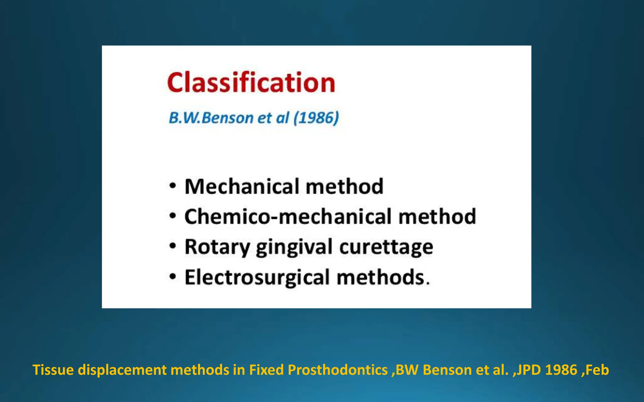 COMBINATION
OF DIFFERENT
TECHNIQUES
Tissue displacement methods in Fixed Prosthodontics ,BW Benson et al. ,JPD 1986 ,Feb
 