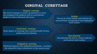 GINGIVAL CURETTAGE
Gingival curettage
The word curettage is used in periodontics to mean
the scraping of the gingival wall of a periodontal
pocket to remove diseased soft tissue.
Scaling
Process by which biofilm and calculus are
removed from supragingival and subgingival
tooth surface
Root planning
Smoothening the root to remove infected
and necrotic tooth surface
Subgingival curettage
Performed apical to the epithelial attachment , severing
the connective tissue attachment to the osseous crest
Inadvertent curettage
Some degree of curettage done unintentionally during
scaling and root planing
 
