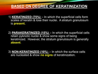 BASED ON DEGREE OF KERATINIZATION
1) KERATINIZED (75%) :- In which the superficial cells form
scales of keratin & lose their nuclei. A stratum granulosum
is present.
2) PARAKERATINIZED (15%) :- In which the superficial cells
retain pyknotic nuclei & show some signs of being
keratinized. However, the stratum granulosum is generally
absent.
3) NON-KERATINIZED (10%) :- In which the surface cells
are nucleated & show no signs of keratinization.
 