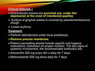 Clinical features –
Characteristic lesions are punched out, crater like
depression at the crest of interdental papillae
 Surface of gingival craters is covered by pseudomembranous
slough.
 Linear erythma.
Treatment
Perform debridement under local anesthesia.
Remove pseudo membrane.
Patient counselling should include specific oral hygiene
instructions, instruction on proper nutrition, For any signs of
systemic involvement, the recommended antibiotics are:
Amoxicillin 500 mg every 6hr x daily for 7 days
Metronidazole 500 mg twice daily for 7 days
 
