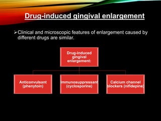Drug-induced gingival enlargement
Clinical and microscopic features of enlargement caused by
different drugs are similar.
Drug-induced
gingival
enlargement:
Anticonvulsant
(phenytoin)
Immunosuppressant
(cyclosporine)
Calcium channel
blockers (nifidepine)
 