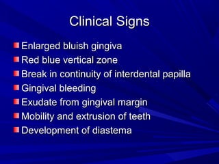 Clinical SignsClinical Signs
Enlarged bluish gingivaEnlarged bluish gingiva
Red blue vertical zoneRed blue vertical zone
Break in continuity of interdental papillaBreak in continuity of interdental papilla
Gingival bleedingGingival bleeding
Exudate from gingival marginExudate from gingival margin
Mobility and extrusion of teethMobility and extrusion of teeth
Development of diastemaDevelopment of diastema
 