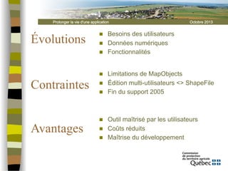 Prolonger la vie d'une application

Évolutions

n 
n 
n 

n 

Contraintes
Avantages

n 
n 

n 
n 
n 

Octobre 2013

Besoins des utilisateurs
Données numériques
Fonctionnalités
Limitations de MapObjects
Édition multi-utilisateurs <> ShapeFile
Fin du support 2005

Outil maîtrisé par les utilisateurs
Coûts réduits
Maîtrise du développement

 