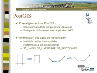 Prolonger la vie d'une application

PostGIS
n 

Format géométrique PostGIS
–  Information modifiée par plusieurs utilisateurs
–  Partage de l’information avec application WEB

n 

Amélioration des outils de numérisation
–  Multitude de fonctions spatiales
–  Performante & simple d’utilisation
–  ST_UNION, ST_LINEMERGE, ST_POLYGONIZE

Octobre 2013

 