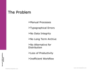 Harvest’sDIGIHealthCare
Solutions
info@harvestglobal.com
www.harvestglobal.com
The ProblemThe Problem
Manual Processes
Typographical Errors
No Data Integrity
No Long Term Archive
No Alternative for
Distribution
Loss of Productivity
Inefficient Workflow
 