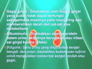  Gagal  ginjal : Disebabkan oleh fungsi ginjal
  yang sudah tidak dapat berfungsi
  sebagaimana mestinya yaitu menyaring dan
  membersihkan darah dari zat-zat sisa
  metabolisme
 Albuminuria : Disebabkan adanya protein
  dalam urine, akibatnya kerusakan atau iritasi
  sel ginjal karena infeksi.
 Polyuria : Yaitu urine yang dikeluarkan sangat
  banyak dan encer, disebabkan kemampuan nefron
  untuk mengadakan reabsorpsi sangat rendah atau
  gagal.
 