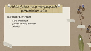 Faktor-faktor yang mempengaruhi
pembentukan urine
b. Faktor Ekstrenal
Suhu lingkungan
Jumlah air yang diminum
Alkohol
 