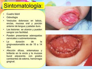Sintomatología:
• Cuadro febril
• Odinofagia
• Vesículas dolorosas en labios,
encías, mucosa oral y porción
anterior de lengua y paladar duro.
• Las lesiones se ulceran y pueden
sangrar con facilidad.
• Pueden presentarse adenopatías
cervicales o submentonianas.
• La duración de la
gingivoestomatitis es de 10 a 14
días
• Afección difusa, eritematosa y
brillante en la encía y la mucosa
bucal adyacente, con grados
cambiantes de edema, hemorragia
gingival.
 