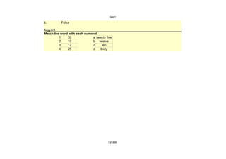 test1

b.        False

Асуулт5
Match the word with each numeral
         1    30             a twenty five
         2    10             b twelve
         3    12              c   ten
         4    25             d   thirty




                                       Хуудас 
 