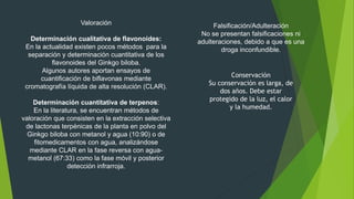 Valoración
Determinación cualitativa de flavonoides:
En la actualidad existen pocos métodos para la
separación y determinación cuantitativa de los
flavonoides del Ginkgo biloba.
Algunos autores aportan ensayos de
cuantificación de biflavonas mediante
cromatografía líquida de alta resolución (CLAR).
Determinación cuantitativa de terpenos:
En la literatura, se encuentran métodos de
valoración que consisten en la extracción selectiva
de lactonas terpénicas de la planta en polvo del
Ginkgo biloba con metanol y agua (10:90) o de
fitomedicamentos con agua, analizándose
mediante CLAR en la fase reversa con agua-
metanol (67:33) como la fase móvil y posterior
detección infrarroja.
Falsificación/Adulteración
No se presentan falsificaciones ni
adulteraciones, debido a que es una
droga inconfundible.
Conservación
Su conservación es larga, de
dos años. Debe estar
protegido de la luz, el calor
y la humedad.
 