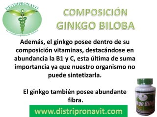 Además, el ginkgo posee dentro de su
composición vitaminas, destacándose en
abundancia la B1 y C, esta última de suma
importancia ya que nuestro organismo no
puede sintetizarla.
El ginkgo también posee abundante
fibra.
 