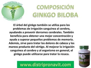 El árbol del ginkgo también se utiliza para los
problemas de irrigación sanguínea al cerebro,
ayudando a prevenir derrames cerebrales. También
beneficia para obtener una mejor concentración y
ayuda a superar pequeños problemas de memoria.
Además, sirve para tratar los dolores de cabeza y los
mareos producto del vértigo. Al mejorar la irrigación
sanguínea al cerebro y al organismo en general, el
ginkgo puede utilizarse para tratar la resaca.
 