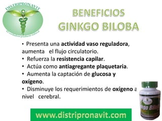 • Presenta una actividad vaso reguladora,
aumenta el flujo circulatorio.
• Refuerza la resistencia capilar.
• Actúa como antiagregante plaquetaria.
• Aumenta la captación de glucosa y
oxígeno.
• Disminuye los requerimientos de oxígeno a
nivel cerebral.
 