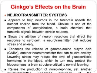Ginkgo’s Effects on the Brain
 NEUROTRANSMITTER SYSTEMS
■ Appears to help neurons in the forebrain absorb the
nutrient choline from the blood. Choline is one of the
components of acetylcholine, a brain chemical that
transmits signals between certain neurons.
■ Slows the attrition of neuron receptors that direct the
response to serotonin, a neurotransmitter that reduces
stress and anxiety.
■ Enhances the release of gamma-amino butyric acid
(GABA), another neurotransmitter that can relieve anxiety.
Lowering stress may reduce the level of glucocorticoid
hormones in the blood, which in turn may protect the
hippocampus, a brain structure critical to normal learning.
■ Raises the production of norepinephrine, yet another
 