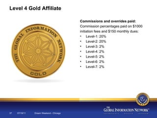 07/19/11 Dream Weekend - Chicago Level 4 Gold Affiliate Commissions and overrides paid: Commission percentages paid on $1000 initiation fees and $150 monthly dues: Level-1: 20% Level-2: 20% Level-3: 2% Level-4: 2% Level-5: 2% Level-6: 2% Level-7: 2% 