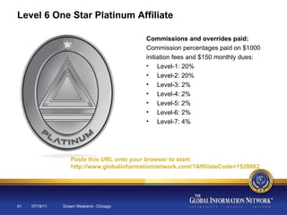 07/19/11 Dream Weekend - Chicago Level 6 One Star Platinum Affiliate Commissions and overrides paid: Commission percentages paid on $1000 initiation fees and $150 monthly dues: Level-1: 20% Level-2: 20% Level-3: 2% Level-4: 2% Level-5: 2% Level-6: 2% Level-7: 4% Paste this URL onto your browser to start:  http://www.globalinformationnetwork.com/?AffiliateCode=1528962 