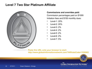 07/19/11 Dream Weekend - Chicago Level 7 Two Star Platinum Affiliate Commissions and overrides paid: Commission percentages paid on $1000 Initiation fees and $150 monthly dues: Level-1: 20% Level-2: 20% Level-3: 2% Level-4: 2% Level-5: 2% Level-6: 2% Level-7: 5% Paste this URL onto your browser to start:  http://www.globalinformationnetwork.com/?AffiliateCode=1528962 