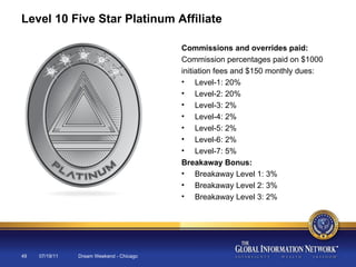 07/19/11 Dream Weekend - Chicago Level 10 Five Star Platinum Affiliate Commissions and overrides paid: Commission percentages paid on $1000 initiation fees and $150 monthly dues: Level-1: 20% Level-2: 20% Level-3: 2% Level-4: 2% Level-5: 2% Level-6: 2% Level-7: 5% Breakaway Bonus: Breakaway Level 1: 3% Breakaway Level 2: 3% Breakaway Level 3: 2% 