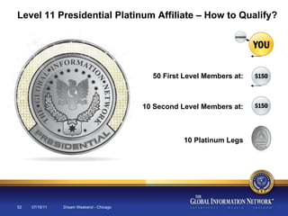 07/19/11 Dream Weekend - Chicago Level 11 Presidential Platinum Affiliate – How to Qualify?  50 First Level Members at:  10 Second Level Members at:  10 Platinum Legs  