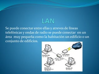 Se puede conectar entre ellas y atreves de líneas
telefónicas y ondas de radio se puede conectar en un
área muy pequeña como la habitación un edificio o un
conjunto de edificios.
 