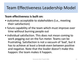 Team Effectiveness Leadership Model
Team effectiveness is built on:
• outcomes acceptable to stakeholders (i.e., meeting
their satisfaction)
• future capability of the team which must improve over
time without burning people out
• individual satisfaction. This does not mean coming to
work pegging out on the fun meter. Teams can be
frustrating. Satisfaction is not a vacuum of 'bad', but it
has to achieve at least a break-even between positive
and negative. Note that the leader doesn't make this
happen: the team makes it happen.
Ramendra Mani Tripathi MBA 12
 