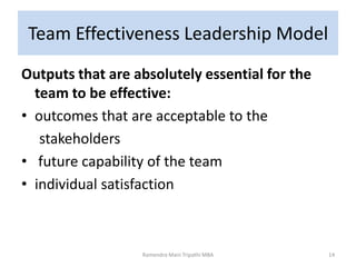 Team Effectiveness Leadership Model
Outputs that are absolutely essential for the
team to be effective:
• outcomes that are acceptable to the
stakeholders
• future capability of the team
• individual satisfaction
Ramendra Mani Tripathi MBA 14
 