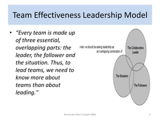 • “Every team is made up
of three essential,
overlapping parts: the
leader, the follower and
the situation. Thus, to
lead teams, we need to
know more about
teams than about
leading."
Ramendra Mani Tripathi MBA 3
Team Effectiveness Leadership Model
 