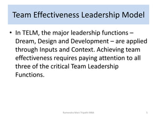 Team Effectiveness Leadership Model
• In TELM, the major leadership functions –
Dream, Design and Development – are applied
through Inputs and Context. Achieving team
effectiveness requires paying attention to all
three of the critical Team Leadership
Functions.
5Ramendra Mani Tripathi MBA
 