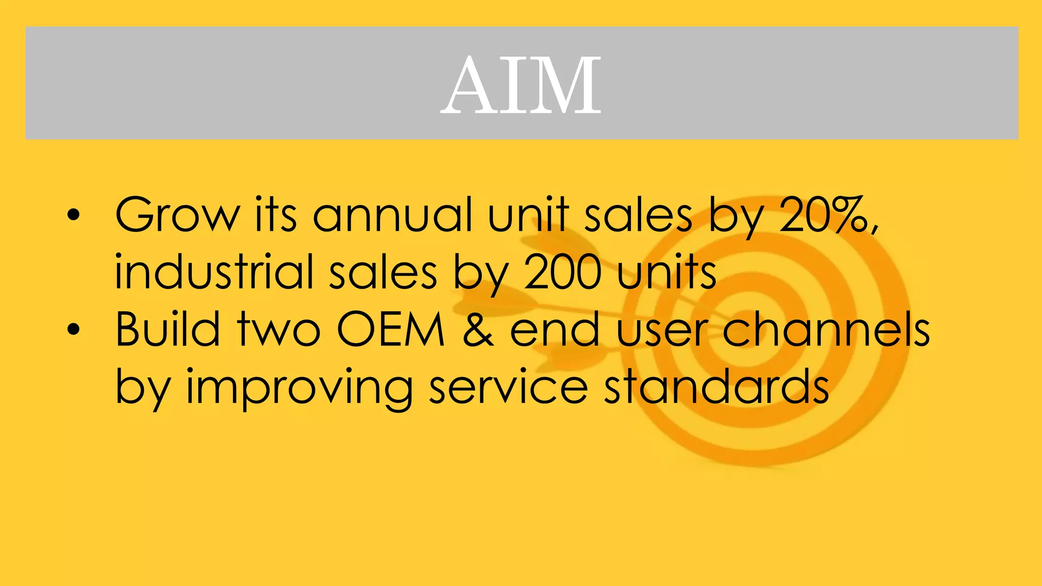 AIM
• Grow its annual unit sales by 20%,
industrial sales by 200 units
• Build two OEM & end user channels
by improving service standards
 