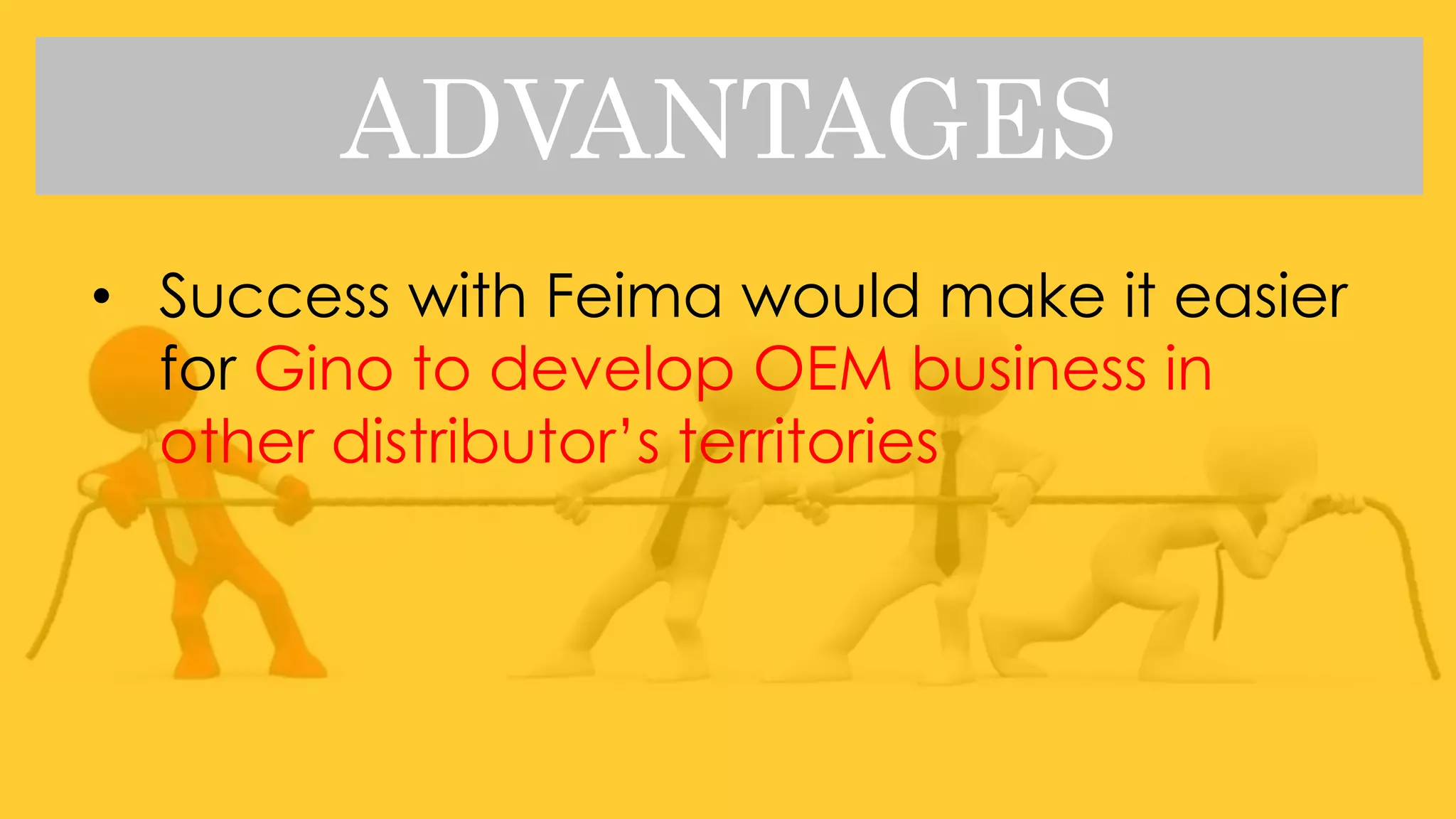 ADVANTAGES
• Success with Feima would make it easier
for Gino to develop OEM business in
other distributor’s territories
 