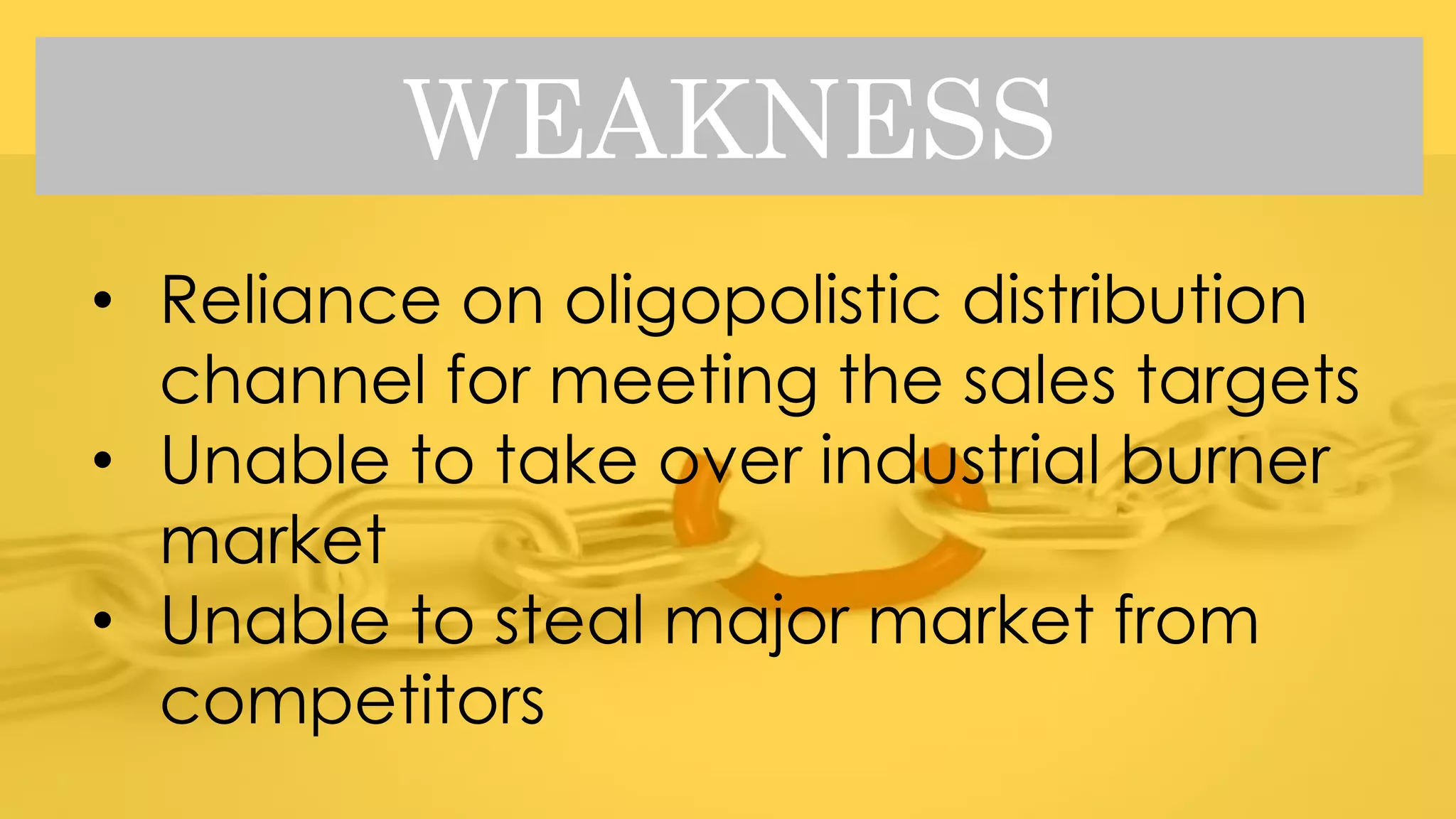 WEAKNESS
• Reliance on oligopolistic distribution
channel for meeting the sales targets
• Unable to take over industrial burner
market
• Unable to steal major market from
competitors
 