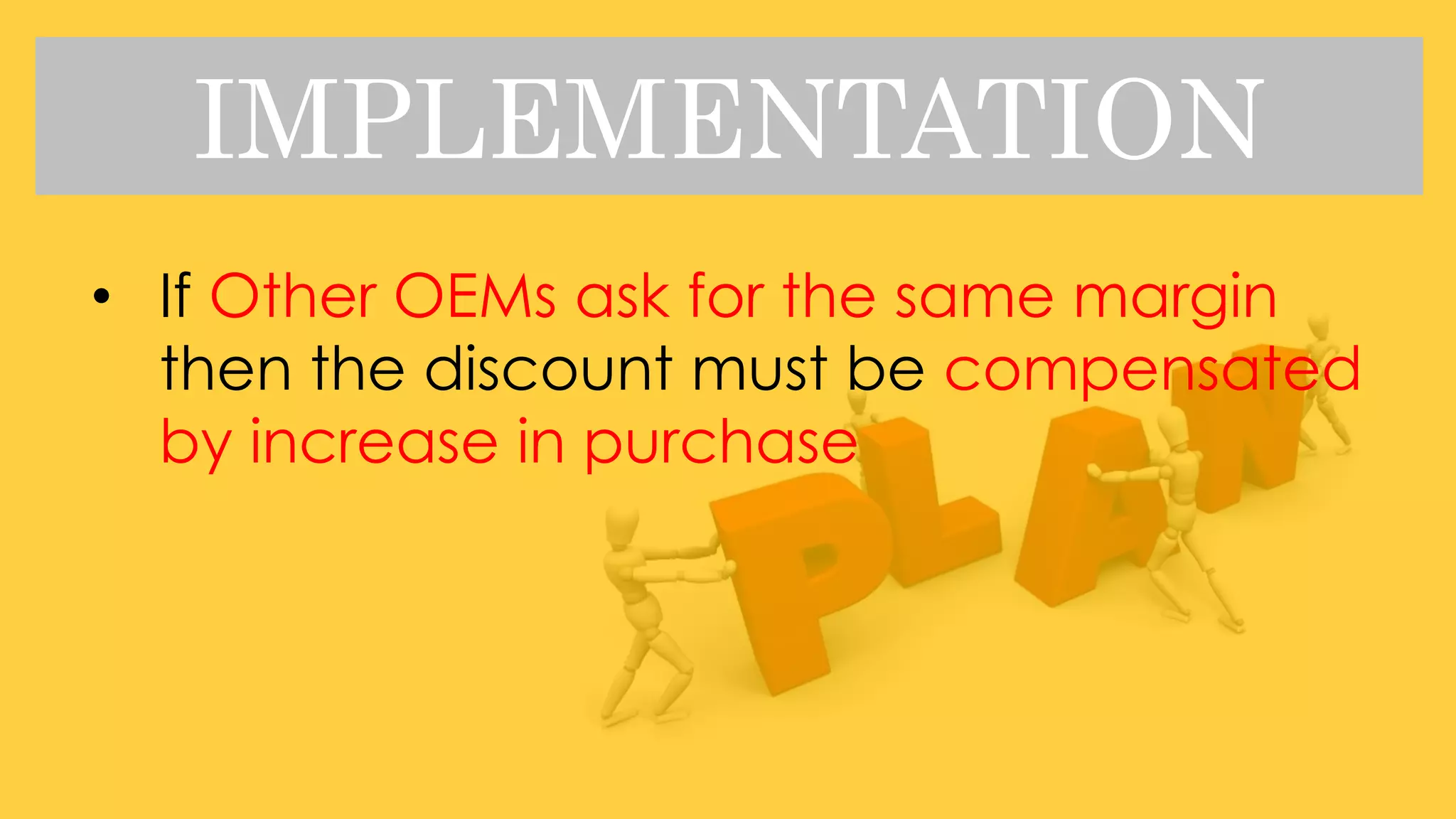 IMPLEMENTATION
• If Other OEMs ask for the same margin
then the discount must be compensated
by increase in purchase
 