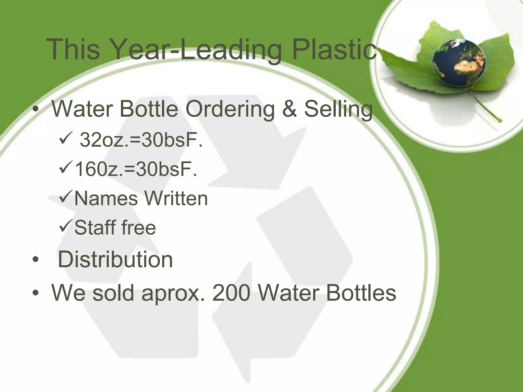 This Year-Leading Plastic
• Water Bottle Ordering & Selling
   32oz.=30bsF.
  160z.=30bsF.
  Names Written
  Staff free
• Distribution
• We sold aprox. 200 Water Bottles
 