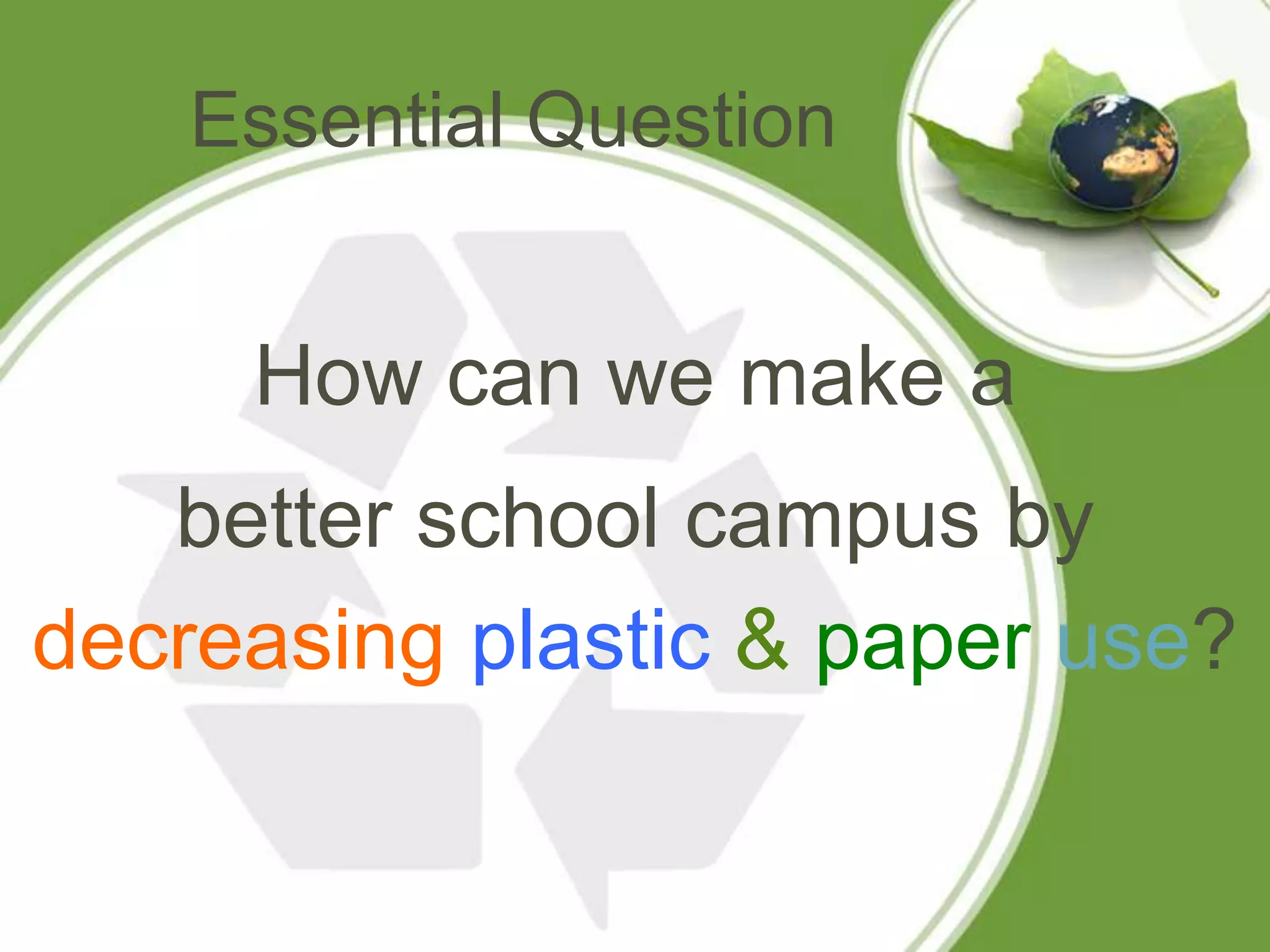 Essential Question


     How can we make a
   better school campus by
decreasing plastic & paper use?
 