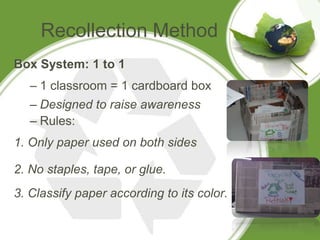 Recollection Method
Box System: 1 to 1
   – 1 classroom = 1 cardboard box
   – Designed to raise awareness
   – Rules:
1. Only paper used on both sides

2. No staples, tape, or glue.
3. Classify paper according to its color.
 