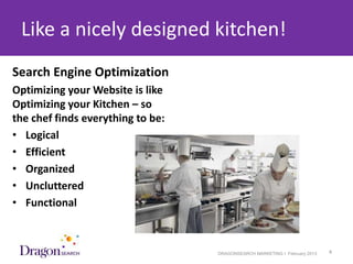 Like a nicely designed kitchen!
Search Engine Optimization
Optimizing your Website is like
Optimizing your Kitchen – so
the chef finds everything to be:
• Logical
• Efficient
• Organized
• Uncluttered
• Functional



 3/25/2013                         DRAGONSEARCH MARKETING I February 2013   4
 