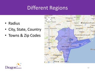 Different Regions

• Radius
• City, State, Country
• Towns & Zip Codes




3/25/2013                 DRAGONSEARCH MARKETING I February 2013   62
 