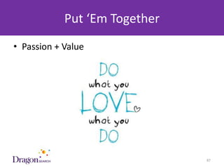 Put ‘Em Together
• Passion + Value




3/25/2013               DRAGONSEARCH MARKETING I February 2013   87
 