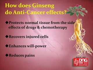 How does Ginseng
do Anti-Cancer effects?
Protects normal tissue from the side
 effects of drugs & chemotherapy

Recovers injured cells

Enhances will-power

Reduces pains
 