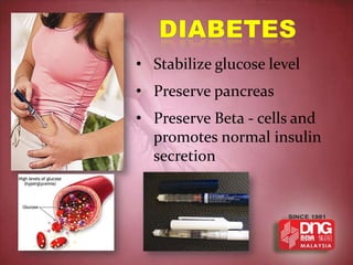 • Stabilize glucose level
• Preserve pancreas
• Preserve Beta - cells and
  promotes normal insulin
  secretion
 