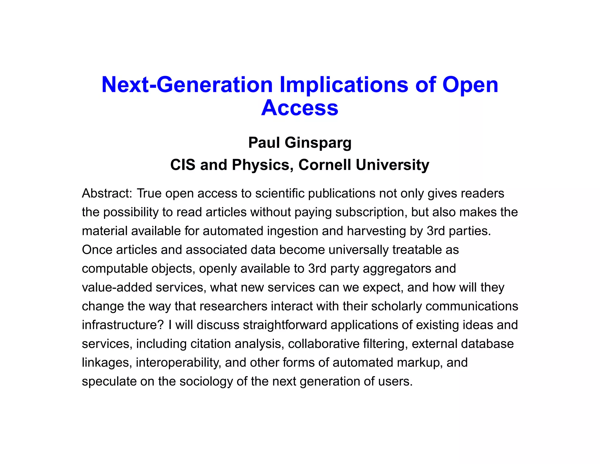 Berlin 6 Open Access Conference: Paul Ginsparg